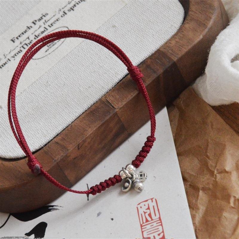 福禄财原创复古可爱t新年红绳春运925银葫芦元宝钱币手链 - 图3