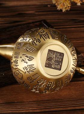 复古做旧黄神兽小茶壶浮礼雕百福把件把壶茶XCH具手提壶摆小铜品