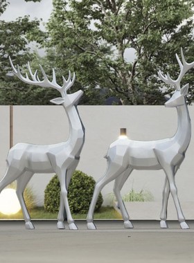 银色鹿摆件几何动物块状梅花鹿玻璃钢雕塑商场酒店大Z厅装饰小品