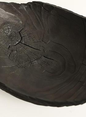 形上侘寂风碳化木果盘黑色日式居家客厅博古R架实木装饰品摆件