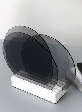 欧式现代装饰摆件灰色玻璃屏风大理石F底座客厅桌面玄关软装装饰