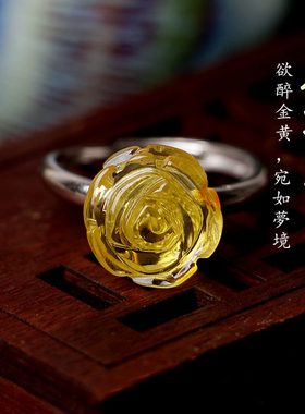 戒指冰岸文玩珀上金花银地波招财金琥珀透罗花瓣蜜蜡玫瑰金然海天