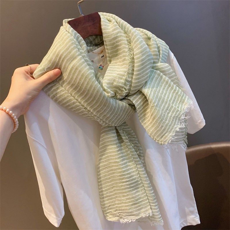文艺风长款亚麻围巾女2024新款春夏季薄款条纹丝巾旅游拍照披肩潮,淘宝优惠券,粉丝福利购,淘宝优惠卷