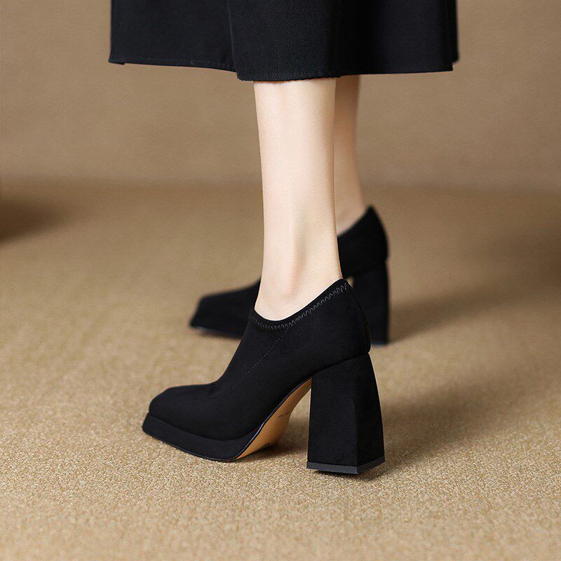 单鞋女深口磨砂一脚蹬2025秋季新款百搭方头防水台粗跟高跟鞋黑色,淘宝优惠券,粉丝福利购,淘宝优惠卷