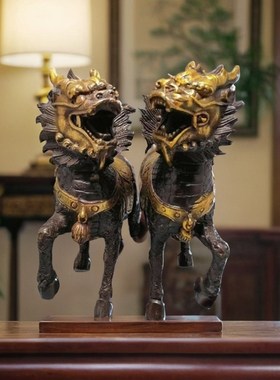 纯铜中式神兽h麒麟摆件一对仿古做旧铜器瑞兽火公麒母麟家居装饰