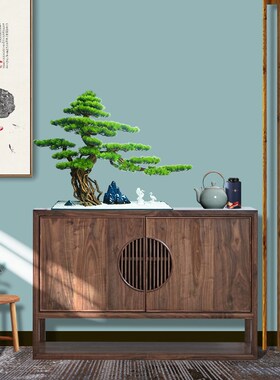 仿真迎客松酒店客厅玄关桌面绿植物假松树罗汉松盆景软装实木摆件