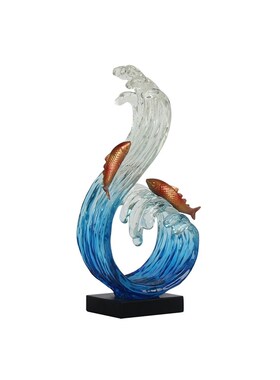 现代简约透明艺术雕塑蓝色浪花太湖石摆件酒店大堂玄关招财装饰品