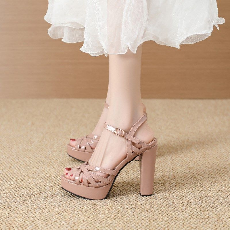 12CM粗跟超高跟鞋防水台凉鞋女时尚细带露趾一字扣夜场模特走秀鞋,淘宝优惠券,粉丝福利购,淘宝优惠卷