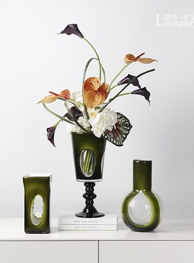 中古风艺术绿色玻璃花瓶插花售楼处客厅玄关茶几餐桌花艺花器摆件