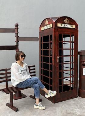 复古铁艺电话亭模型摆示件红户外网打落地VBH装饰邮筒卡指牌拍摄