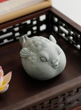 tb-72266青砂创石国潮茶风可爱河豚小室摆件意桌面办公装饰茶宠动