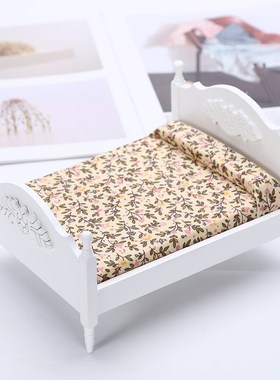 1:12娃娃屋dollhouse迷你家具卧室微场景模型欧式木质布艺双人床