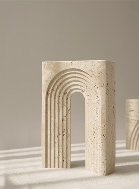 欧式宅寂风天然洞石几何摆件酒店样板间别墅桌面玄关家居软装饰品