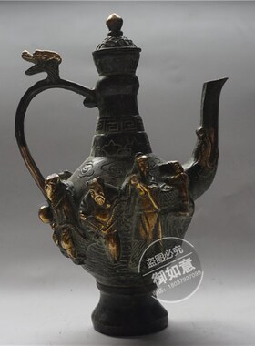 仿古明清铜器八仙过m海酒壶影视道具纯铜酒茶壶古玩摆件博古架装