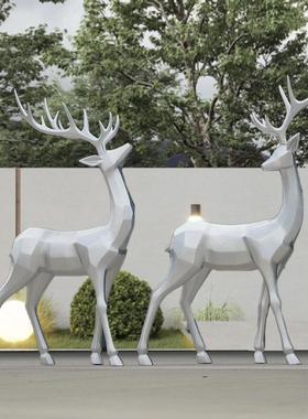 银色鹿摆件几何动物块状梅花鹿玻璃纤维雕塑商场酒店大厅装饰小品