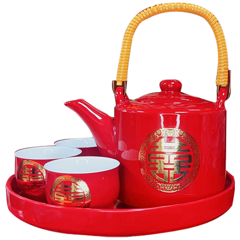 Wedding tea set tea cup set tea set wedding cup red pot ceramic newcomer change the mouth tea dowry newcomer gift