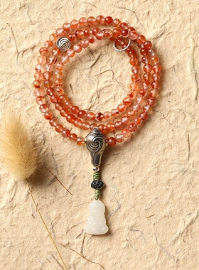 原创设计天然原矿冰飘南q红玛瑙手串多圈手链和田玉108颗饰品女士