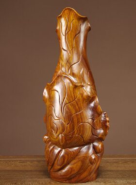 花梨木雕年年有鱼花瓶摆件实木雕刻鲤鱼家居客厅寓意摆设红木礼品