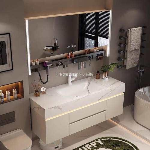 卫756生浴室组合奶间油风板岩热弯柜一体洗手脸盆厕所洗漱盆 - 图0