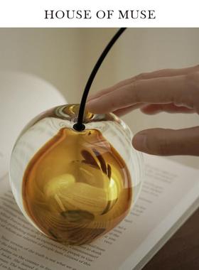 缪斯家“桃运连连”/手工琉璃樱桃摆件客厅玄关琥珀色玻璃装饰品