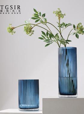 简约蓝色纹直筒玻花瓶摆竖件客绿厅透明水养百FS736809璃合植插花