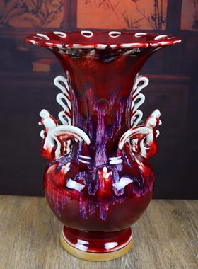 禹州钧瓷花瓶高档礼盒装古典陶瓷器窑变工艺品客厅摆件红花釉凤尊