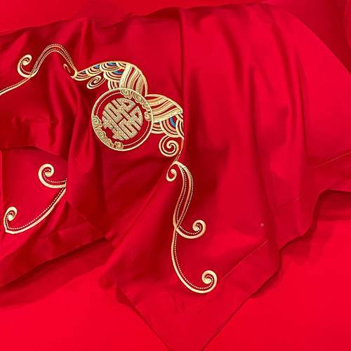 全棉长绒棉喜婚庆结婚DF-20240用四件套纯棉红色陪嫁被子婚新房婚 - 图2