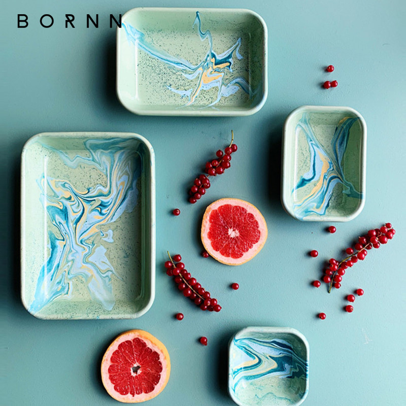 土耳其BORNN搪瓷餐具薄荷绿大理石纹餐盘碗杯