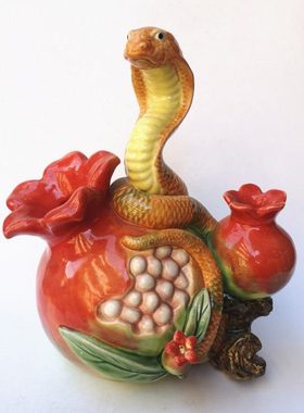 石湾陶瓷公仔纯手工中式家居装饰摆件客厅动物十二生肖蛇百子千孙