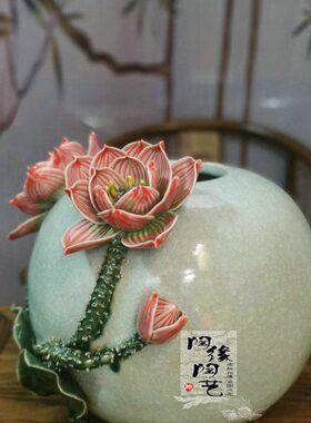 陶瓷工艺品 石湾公仔 荷花瓶 中国风 中式家居