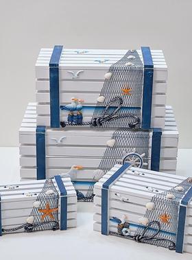 地中海家居装饰品收纳箱海洋实木箱子木盒子橱窗布置酒吧道具摆件