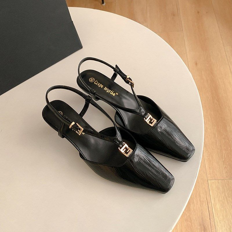 2025夏季新款凉鞋气质小方头小金扣鳗鱼纹小猫跟后空凉鞋女夏季,淘宝优惠券,粉丝福利购,淘宝优惠卷