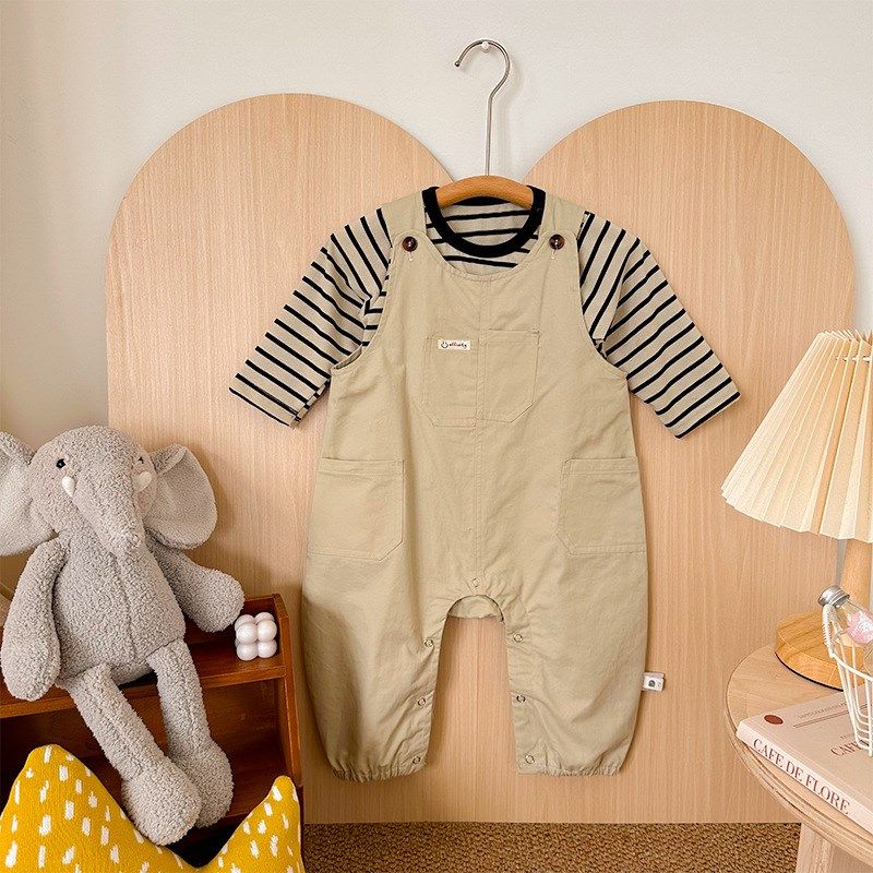 点兮2024春秋新款婴儿工装背带裤条纹T恤洋气男宝宝连体衣两件套,淘宝优惠券,粉丝福利购,淘宝优惠卷