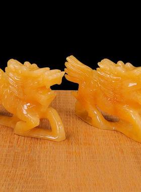 黄玉抛光玉石跑麒麟摆件一对招财聚财送子客厅家居装饰品