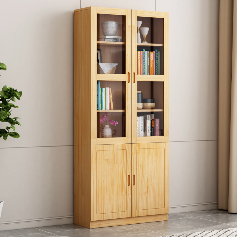 Solid wood bookcase with glass door modern minimalist living room home display cabinet children's pine bookshelf combination storage cabinet