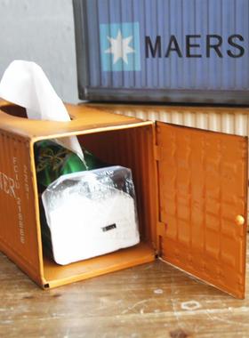 复古业风集装箱纸面巾盒家居客厅艺创意桌装铁饰餐厅工纸抽集装箱