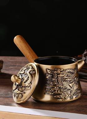 纯黄铜竹报安手柄把壶长茶壶家居W3把龙凤酒壶平把把壶手玩工艺摆