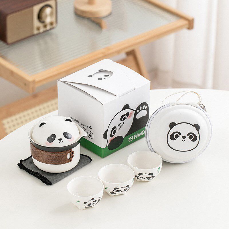 Cute Panda Travel Tea Set Ceramic Portable Quick Cup One Pot Three Cups Outdoor Camping Teapot Tea Cup