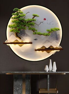新中式玄关背景墙迎客松装饰画茶室客厅挂件养生馆墙饰发光壁画