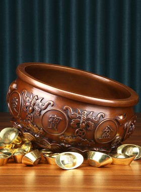 实心紫铜聚宝盆摆件铜工艺品客厅玄关书柜办公桌博古架家居装饰品