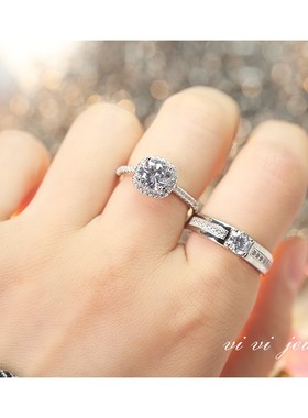 结婚活口对戒奢华方形仿真钻戒男女一对开口可调节求婚戒指带灯盒