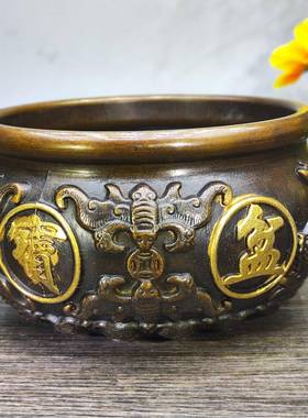 铜聚宝盆件八聚宝品盆招福米聚米缸家居办公室桌面玄关摆工艺FG10