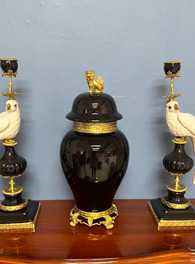 美式古典奢华装饰摆件欧式台灯时钟铜包陶瓷工艺套装客厅玄关摆设