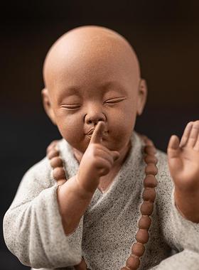 中式禅意四不小和尚摆件陶瓷人物博古架茶台桌面装饰品茶宠小沙弥