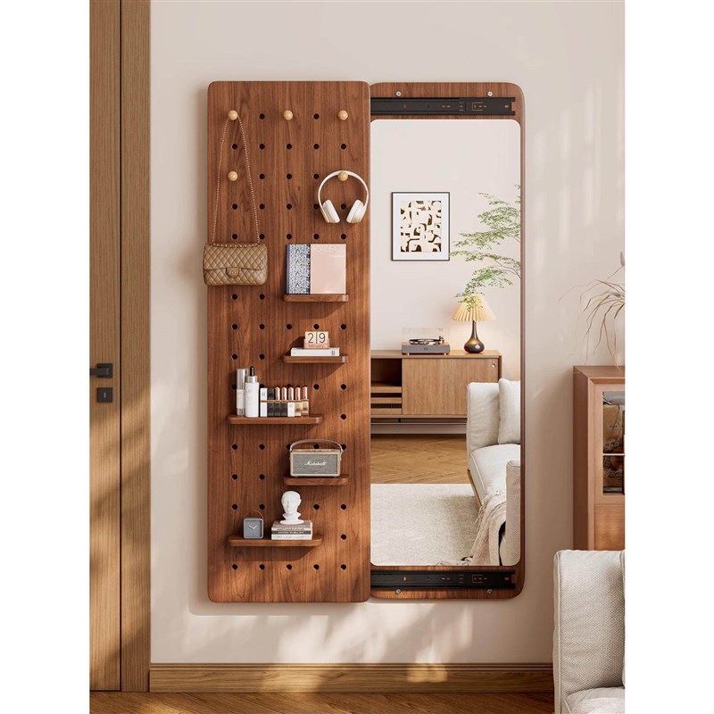 Perforated board dressing mirror hidden closable full-body fitting mirror coat rack integrated entrance door sliding hidden