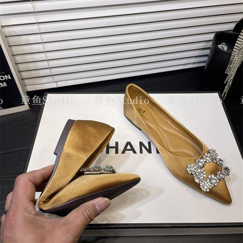 高级感尖头单鞋显气质缎面软底平跟女鞋新款水钻韩版浅口平底鞋女 - 图0