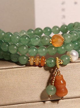 天然绿东林多圈水晶手链女夏ins小众设计民族风葫芦吊坠多层手串