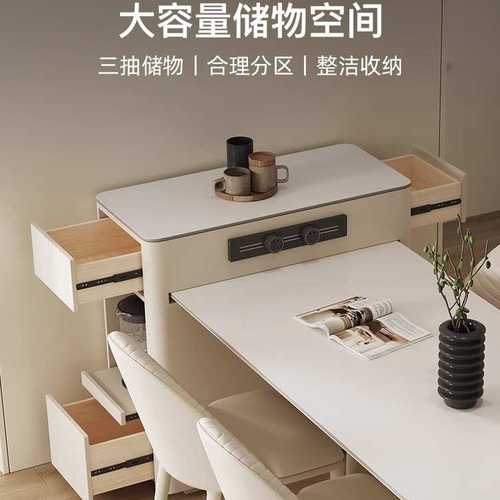 奶油风白色可伸缩岛台餐桌一体现代简约小户型高端法式岩板餐桌 - 图2