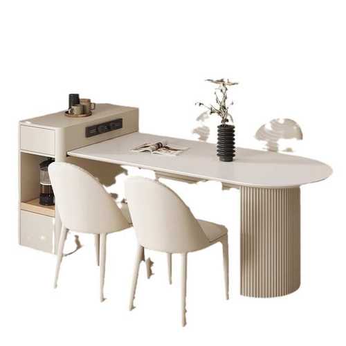 奶油风白色可伸缩岛台餐桌一体现代简约小户型高端法式岩板餐桌 - 图3