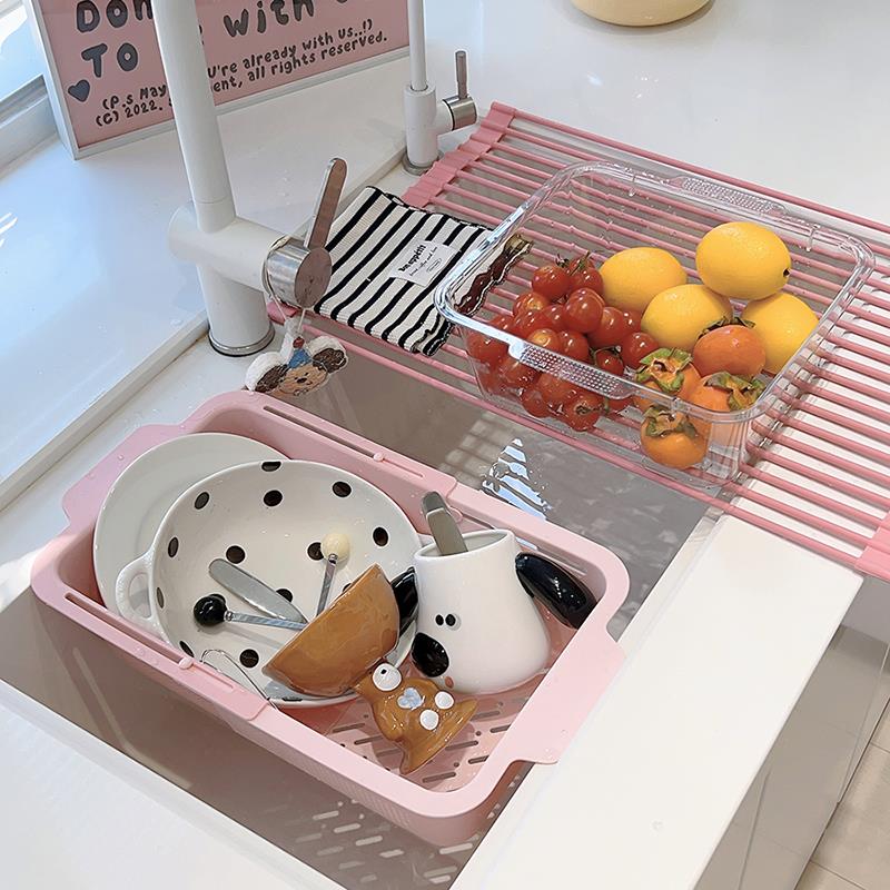 家用厨房可伸缩沥水篮蔬果盆双层两用洗菜篮少女心可爱厨房用品 - 图2